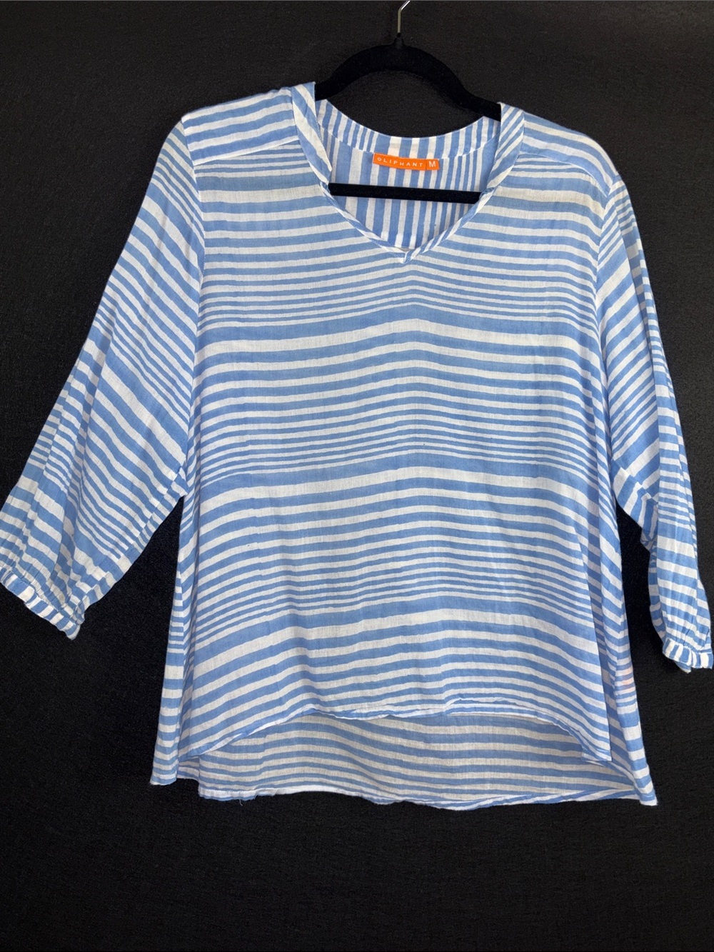 Oliphant 100% Cotton Ocean Blue & White Striped V-Neck Women’s Top 3/4 sleeve
